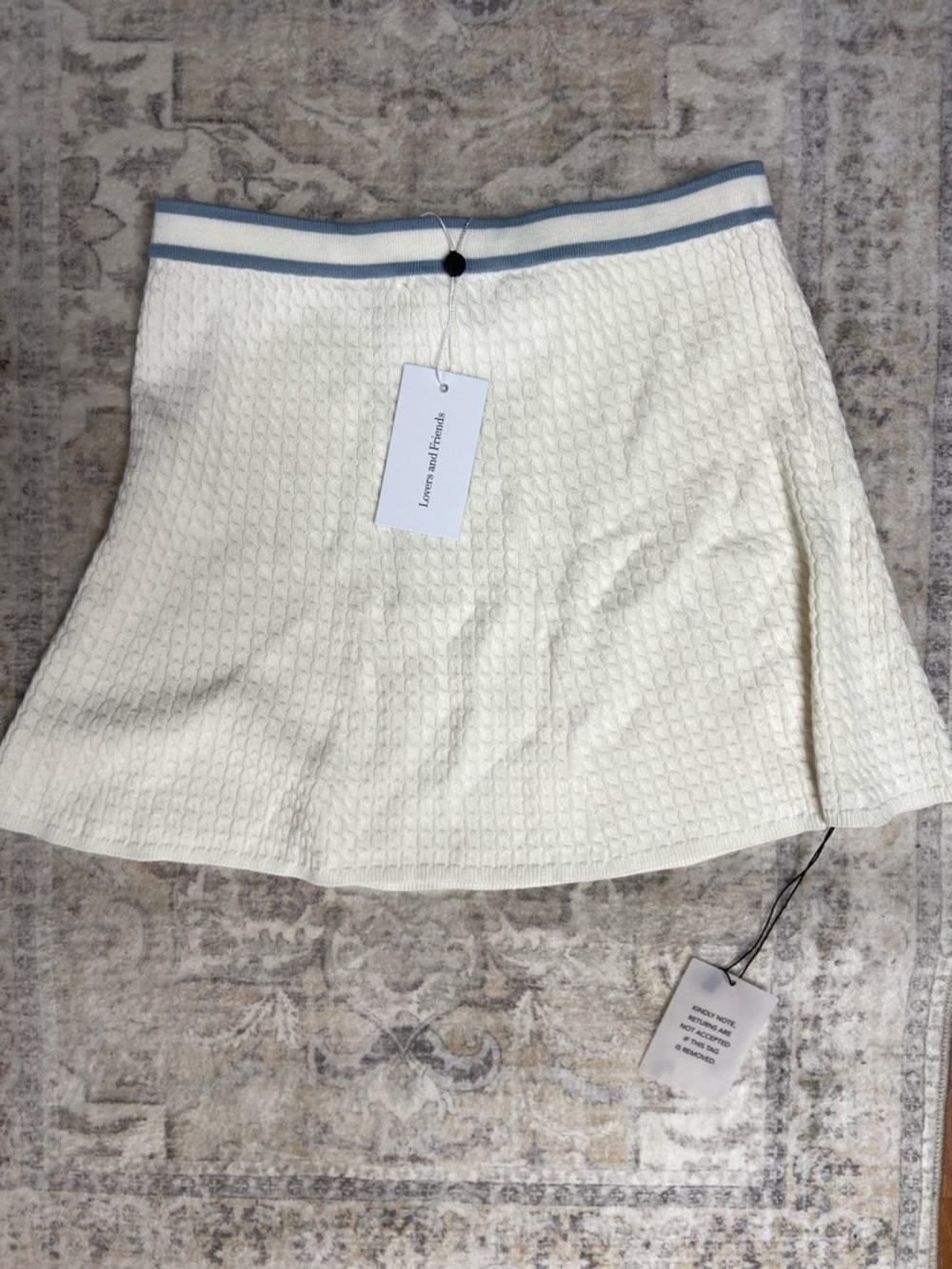 Lovers + Friends Cream A-Line Knit Skirt with Blue Waist Trim